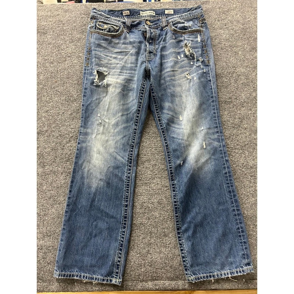 Mek Denim Jeans Mens Size 38 Light Blue Nice Straight Distressed Embroidered Y2K